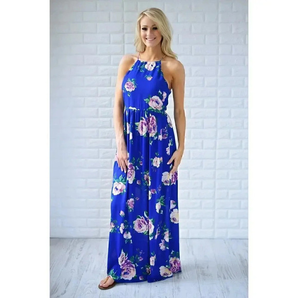 Everly Sleeveless Floral Maxi Dress Electric Blue Size M - Picture 1 of 11
